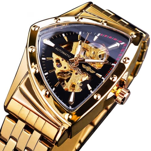 WINNER Triangle Skeleton Automatic Watch Stainless Steel Men Business Casual Irregular Triangle Mechanical Wristwatch Golden Punk Style Male Clock