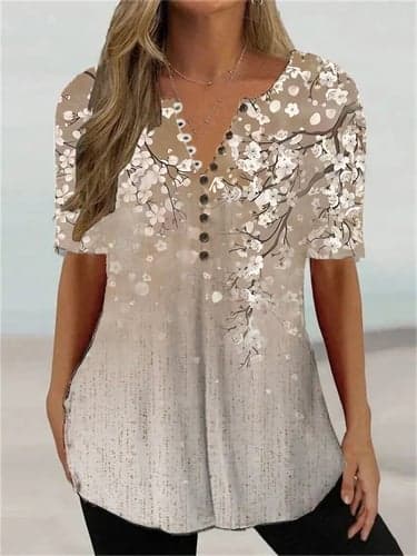 Women's T Shirt Henley Shirt Tunic Basic Floral Regular Tops Short Sleeve Round Neck Buttons Print Regular Fit Holiday Weekend Grass Green Light Green Red Blue Brown