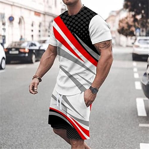 Men's Graphic Color Block 2pcs Matching Sets Short Sleeve Short Pants Tees sets Crew Neck Designer Casual Comfortable Outdoor Vacation Daily 3D Print Black White Yellow