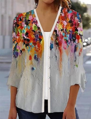 Women's Shirt Blouse Basic Floral Print 3/4 Length Sleeve Regular Tops Square Neck Casual Holiday Red Navy Blue Purple Green Khaki