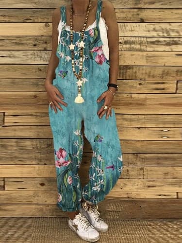 Jumpsuits for Women Floral Overall Button Pocket Animal U Neck Holiday Daily Vacation Straight Regular Fit Sleeveless Sleeveless Black White Green S M L
