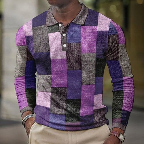 Men's Plaid Waffle Polo Shirts Golf Shirt Long Sleeve Polo Shirts Collared Shirts Vintage Casual Vacation Wear Formal Wear Festival Wear Buttons 3D Print Blue-Green Yellow Blue