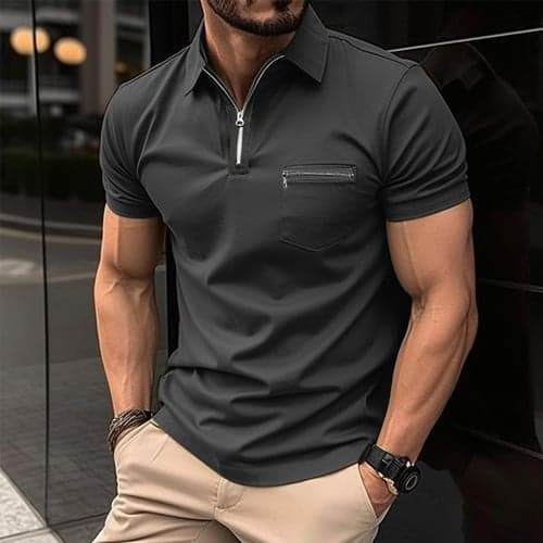 Men's Polo Shirt Golf Shirt Casual Holiday Lapel Quarter Zip Short Sleeve Fashion Basic Plain Quarter Zip Summer Regular Fit Black Blue Green Gray Polo Shirt