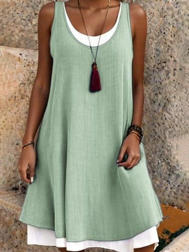 Women's Fake two piece Skater Dress Mini Dress Linen Basic Plain Crew Neck Sleeveless Daily Summer Spring Black Light Green