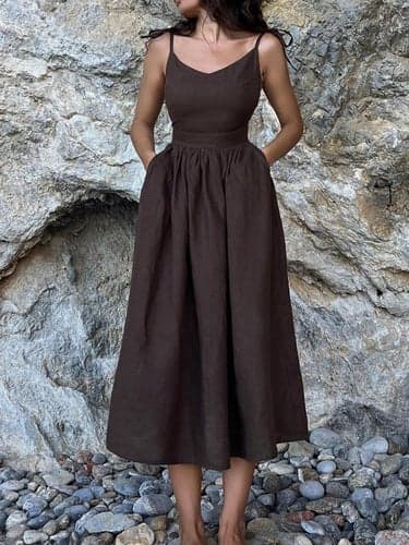 Women's Casual Dress Strap Dress Maxi Dress Cotton Backless Basic Daily Vacation Beach V Neck Sleeveless Summer Spring White Blue Plain