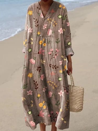 Women's Floral V Neck Maxi Dress Long Sleeve Summer Spring