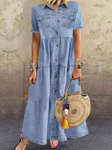 Women's Denim Dress Maxi Dress Button Pocket Casual Shirt Collar Long Sleeve Black Blue Sky Blue Color