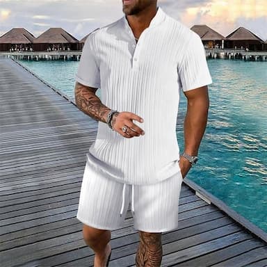 Men's 2 Piece Shirt Set Summer Set Matching Sets Casual Shirt Button Up Shirt Black White Royal Blue khaki Light Blue Short Sleeve Plain Collar Vacation Daily Clothing Apparel Fashion Casual