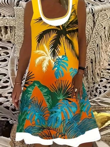 Women's Plus Size Curve Tank Dress Coconut Tree Midi Dress Sleeveless Basic Knit U Neck Fashion Vacation Yellow Khaki Summer XL 2XL 3XL 4XL 5XL