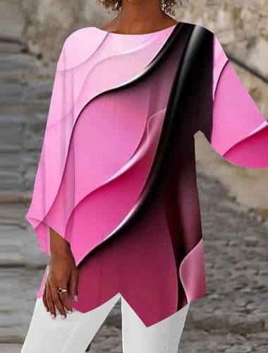 Women's Tunic Blouse Chiffon Stylish Neon & Bright Ombre Print Asymmetric Hem Long Sleeve Long Tops Round Neck Casual Daily Pink Purple Orange Green Gray Spring Fall