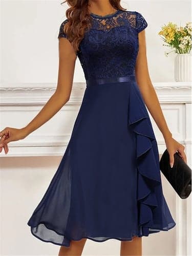 Women's Party Dress Lace Dress Cocktail Dress Midi Dress Dark Blue Short Sleeve Pure Color Lace Summer Spring Fall Crew Neck Fashion Wedding Guest Vacation Summer Dress S M L XL 2XL