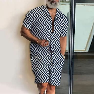 Men's Geometry Ethnic 2pcs Summer Hawaiian Shirt Short Sleeve Short Pants Shirts Sets Cuban Collar Fashion Streetwear Designer Outdoor Street Daily Print Black Yellow Blue