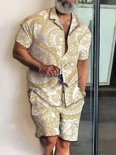 Men's Geometry Ethnic 2pcs Summer Hawaiian Shirt Short Sleeve Short Pants Shirts Sets Cuban Collar Fashion Streetwear Designer Outdoor Street Daily Print Black Yellow Blue