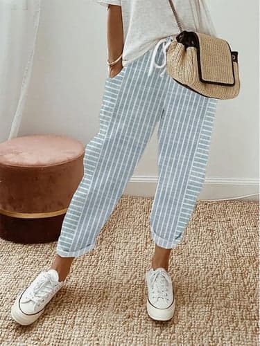 Women's Linen Pants Baggy Pants Faux Linen Pocket Baggy Print Striped Lines / Waves Full Length White Spring, Fall, Winter, Summer