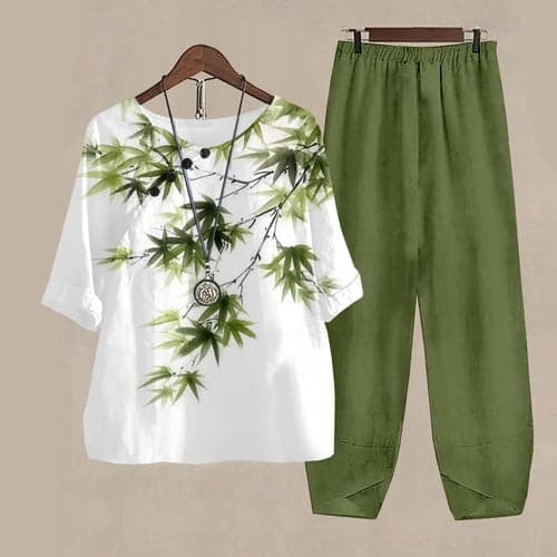 Women's Basic Shirt Pants Sets Pants Trousers Half Sleeve Round Neck Floral Print Holiday Weekend Army Green Blue Purple Fall & Winter Regular Fit
