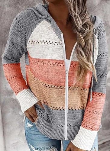 Women's Cardigan Sweater Stylish Casual Soft Color Block Ribbed Hooded Patchwork Zipper Hooded Long Sleeve Knit Outdoor Daily Going out Black Pink Spring Fall