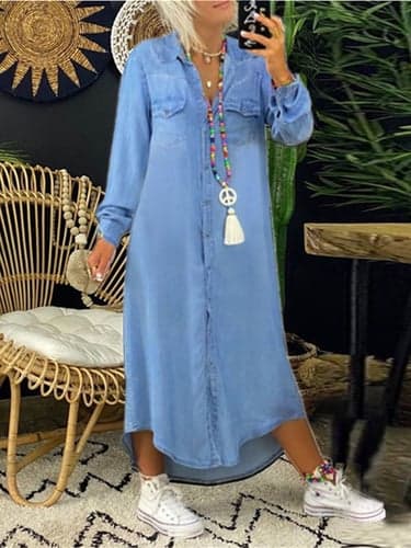 Women's Denim Dress Mini Dress Buttons Pocket Casual Shirt Collar Long Sleeve Black Blue Dark Blue Color