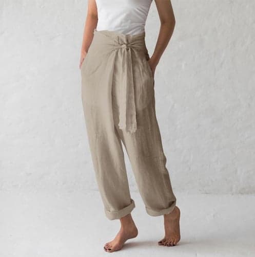 Women's Normal Wide Leg Linen Pants Slacks Yoga Chino Full Length High Waist Plain Baggy Lightweight Soft Black Dark Blue Beige Coffee Loose Fit