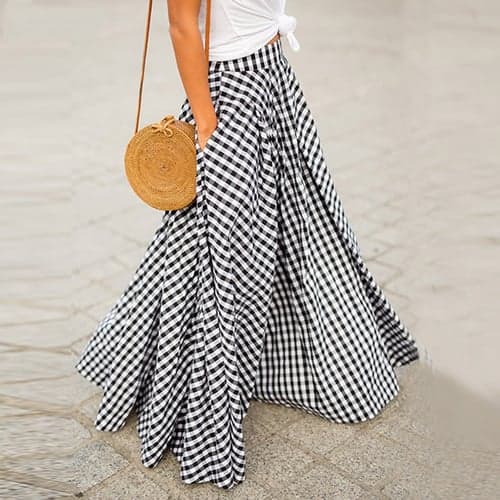 Women's Swing Plaid Skirt Long Skirt Fashion coastal grandma style Basic Summer Maxi Skirts Plaid Tartan Plaid Checkered Pocket Vacation Street Black Blue Summer Cotton Spandex