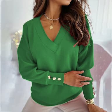 Women's Pullover Sweater Jumper Knitted Button Solid Color Basic Elegant Casual Long Sleeve Regular Fit Sweater Cardigans V Neck Fall Winter Blue Black Red / Going out / Work
