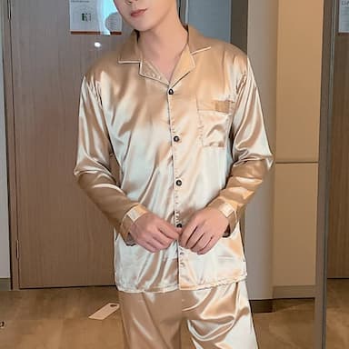 Men's Pajamas Satin & Silk Nightgown Sleepwear Pure Color Fashion Soft Home Bed Faux Silk Lapel Long Sleeve Pant Fall Spring Silver Green