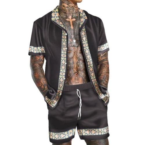 Men's Floral 2pcs Summer Hawaiian Shirt Short Sleeve Short Pants Shirts Sets Turndown Fashion Hawaiian Designer Outdoor Vacation Beach 3D Print Button-Down Black Navy Blue Blue