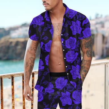 Men's Rose Floral 2pcs Summer Hawaiian Shirt Short Sleeve Short Pants Shirts Sets Turndown Fashion Hawaiian Designer Outdoor Vacation Beach 3D Print Button-Down Yellow Red Purple