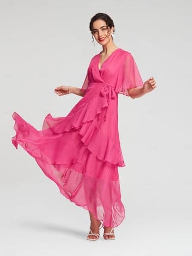 Pink Chiffon Wedding Guest/Party Solid Ruffle Sleeve Elegant Maxi Dress dress to impress 2024