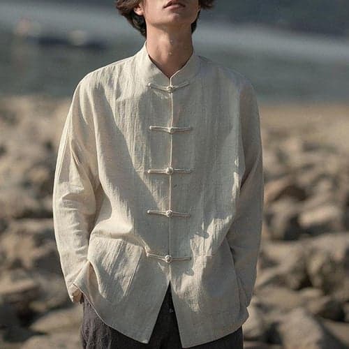 Men's Shirt Linen Shirt Casual Shirt Button Up Shirt Cotton Shirt Plain Vacation Hawaiian Black White Navy Blue Beige Long Sleeve Band Collar Spring &  Fall Clothing Apparel Button-Down