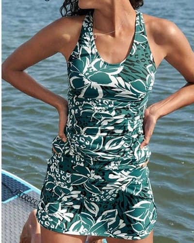 Women's Swimwear Tankini 2 Piece Skirt Swimsuit Backless High Waist Vacation Beach Wear Floral U Neck Sleeveless Bathing Suits