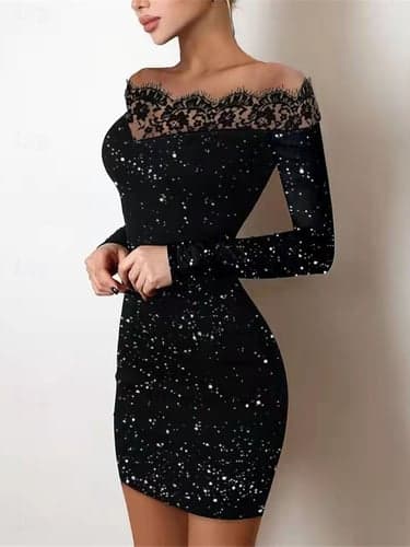 Women's Black Dress Mini Dress Sequins Lace Casual Off Shoulder Long Sleeve Black Color