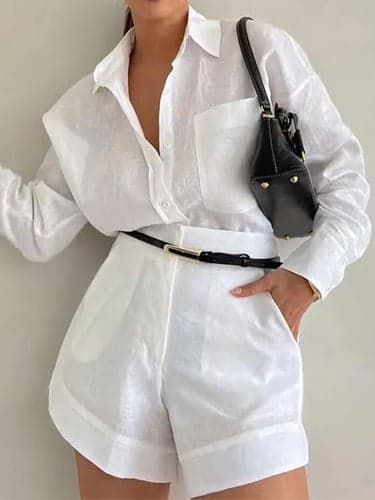Women's Daily Shirt Baggy Shorts Long Sleeve Shirt Collar Solid Color Patchwork Outdoor Gray purple White Blue Spring &  Fall Regular Fit