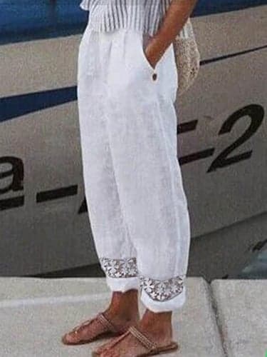Women's Casual Pants White High Waist Lace Trim Breathable Loose Fit Straight Leg Fashion Bottoms Lightweight Summer Spring Elegant Comfortable