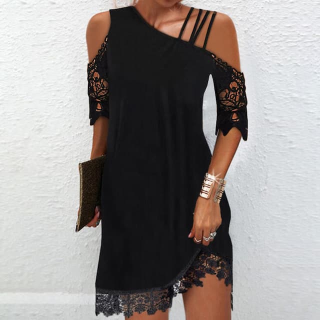 Women's Lace Dress A Line Dress Mini Dress Black Short Sleeve Pure Color Contrast Lace Summer Spring Spaghetti Strap Modern 2023 S M L XL