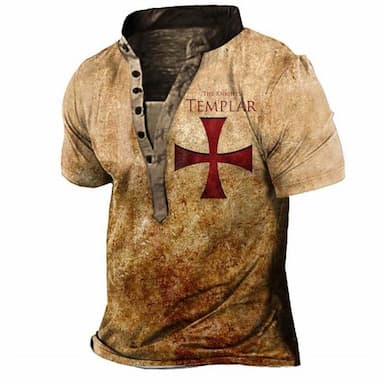 Templar Cross Cross Vintage Designer Basic Men's 3D Print T shirt Tee Henley Shirt Outdoor Daily Sports T shirt Red Brown Gray Short Sleeve Stand Collar Shirt Summer Clothing Apparel Plus Size S M L