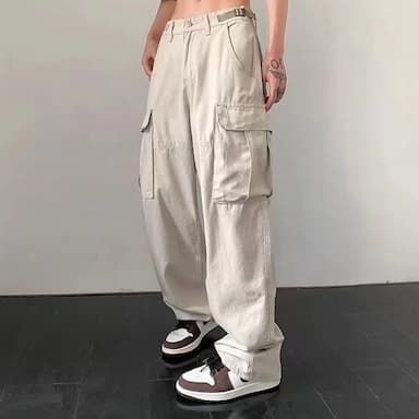 Men‘s Cargo Khaki parachute Pants Trousers Trousers Full Length Faux Linen Baggy Micro-elastic High Waist Sports Chino Casual Daily Black Apricot M L Spring &  Fall