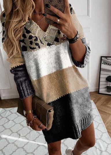 Women's Pullover Sweater Jumper V Neck Knit Colour Block Panel Knitted Fall Winter Going out Weekend Stylish Long Sleeve Color Gradient Brown