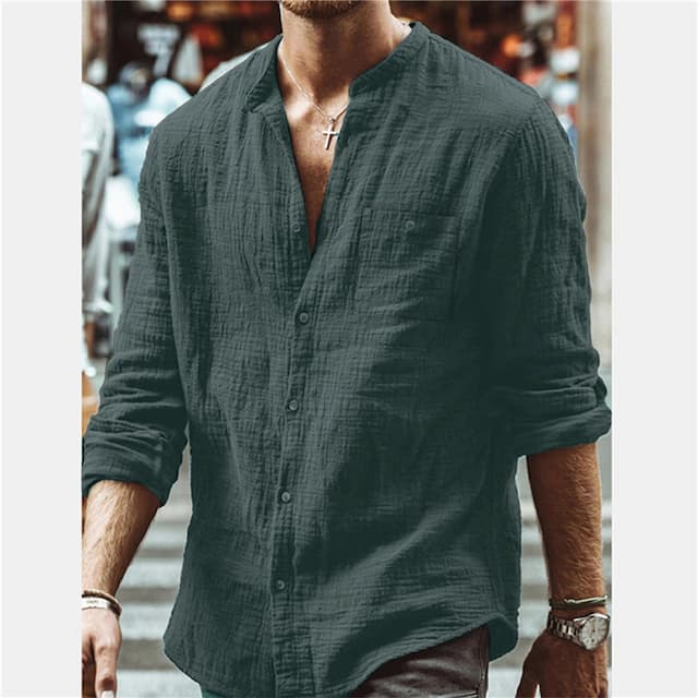 Men's Shirt Linen Shirt Summer Shirt Beach Wear Button Up Shirt Band Collar Shirt Black White Brown Green Long Sleeve Solid Color Collar Spring Fall Outdoor Street Clothing Apparel Button-Down