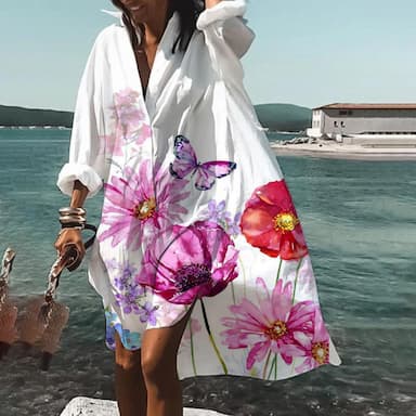 Women's Shirt Dress Casual Dress Floral Print Shirt Collar Maxi long Dress Casual Daily Beach Long Sleeve Spring Fall