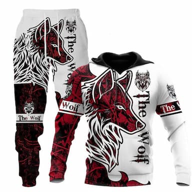 Men's Tracksuit Hoodies Set Red Hooded Graphic Animal Wolf 2 Piece Print Sports & Outdoor Casual Sports 3D Print Streetwear Designer Basic Spring Fall Clothing Apparel Hoodies Sweatshirts  Long Sleeve