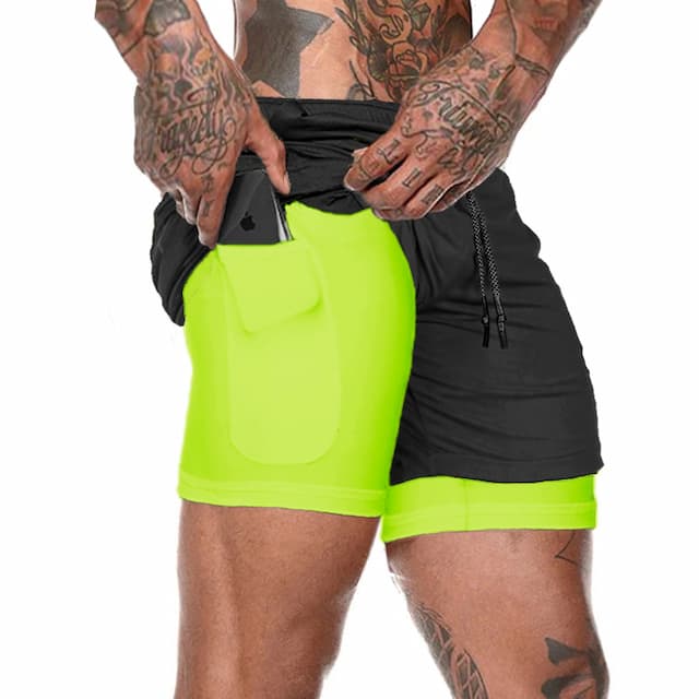 Men's Athletic Shorts Running Shorts Gym Shorts Drawstring 2 in 1 with Phone Pocket Solid Colored Breathable Quick Dry Sports & Outdoor Athleisure Gym Casual / Sporty Slim Deep Green fluorescent