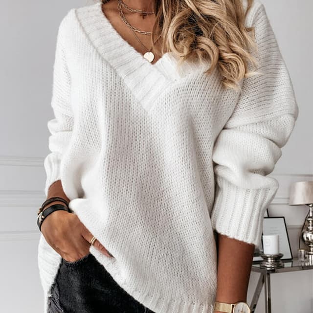 Women's Pullover Sweater Jumper V Neck Ribbed Knit Knitted Fall Winter Holiday Going out Weekend Stylish Casual Soft Long Sleeve Pure Color White Blue