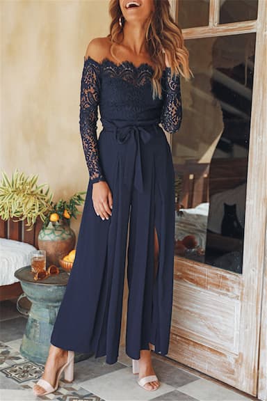 Women's Jumpsuit for Special Occasions Lace Backless Solid Color Off Shoulder Streetwear Going out Bar Regular Fit Long Sleeve Navy Blue S M L Winter