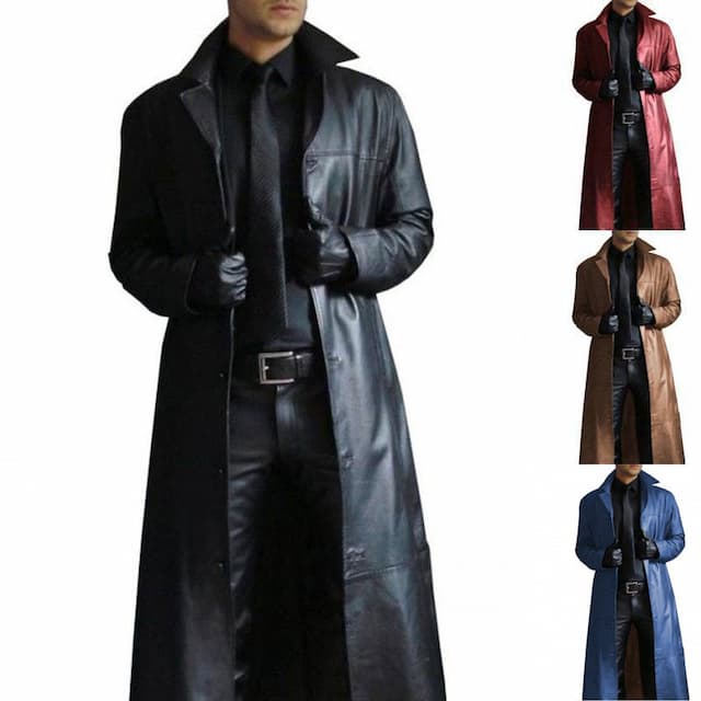 Men's Winter Coat Faux Leather Jacket Party Business Winter Fall Faux Leather Windproof Warm Outerwear Clothing Apparel Artistic / Retro Cosplay Pure Color Pocket Turndown Single Breasted