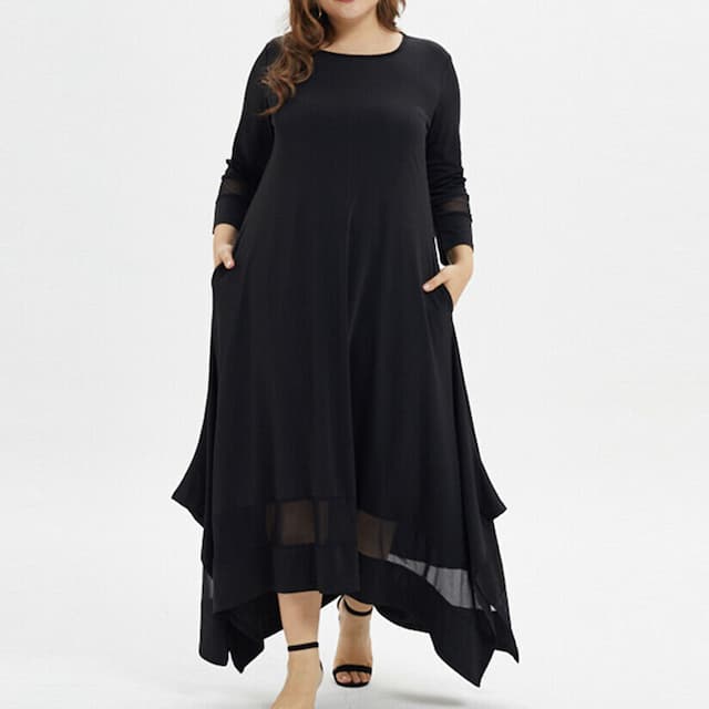 Women‘s Plus Size Curve Casual Dress Pure Color Crew Neck 3/4 Length Sleeve Spring Fall Casual Maxi long Dress Daily Vacation Dress Black Dress