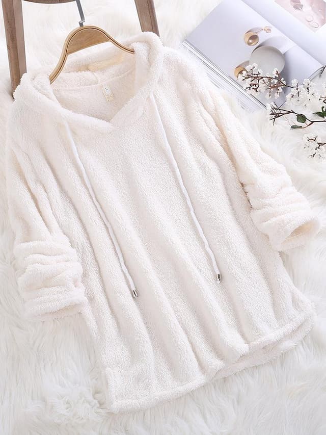 Women's Hoodie Sweatshirt Pullover Fleece Solid Color Street Casual Drawstring Black White Pink Teddy Sherpa Fleece Hoodie Long Sleeve Top Micro-elastic Fall & Winter