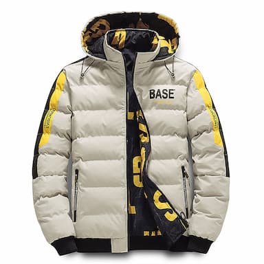 Men's Puffer Jacket Hoodie Coat Padded Zipper Pocket Print Sports Outdoor Regular Outdoor Casual / Daily Winter Letter Black Yellow Red Khaki Puffer Jacket