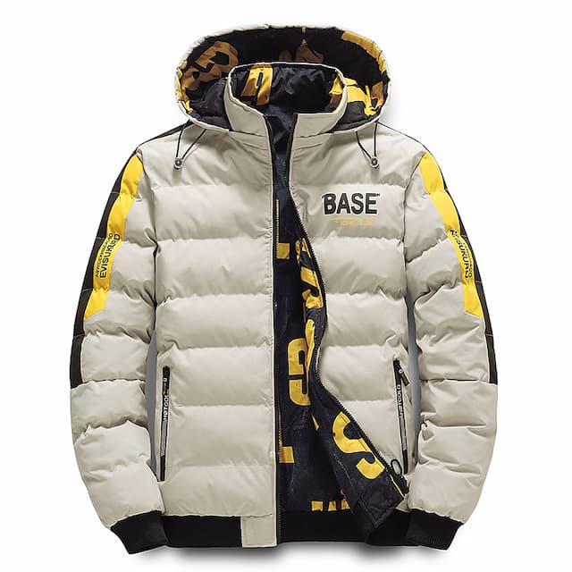 Men's Puffer Jacket Hoodie Coat Padded Zipper Pocket Print Sports Outdoor Regular Outdoor Casual / Daily Winter Letter Black Yellow Red Khaki Puffer Jacket