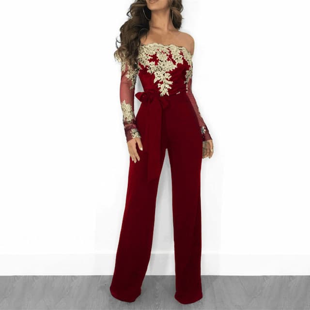 Women's Jumpsuit Lace Embroidered Floral Off Shoulder Elegant Xmas Wedding Party Christmas Regular Fit Long Sleeve Black Wine Blue S M L Fall