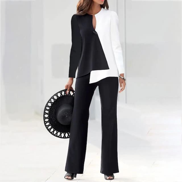 Women's Office Suit Patchwork Work Vintage Business Long Sleeve V Neck Black Fall & Winter